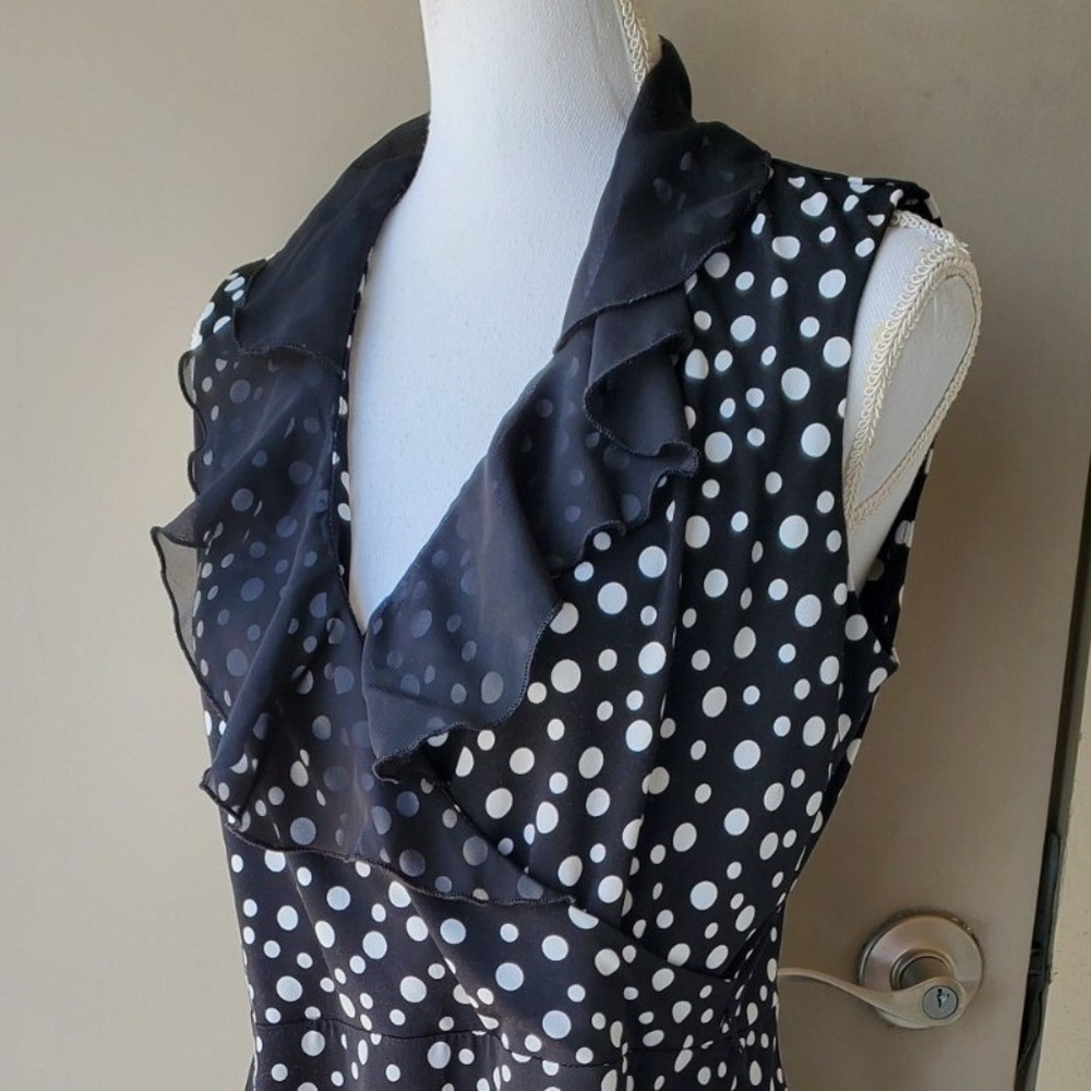 Tiana B Polka Dot Dress Womens Medium M Black White Ruffle Faux Wrap Sleeveless